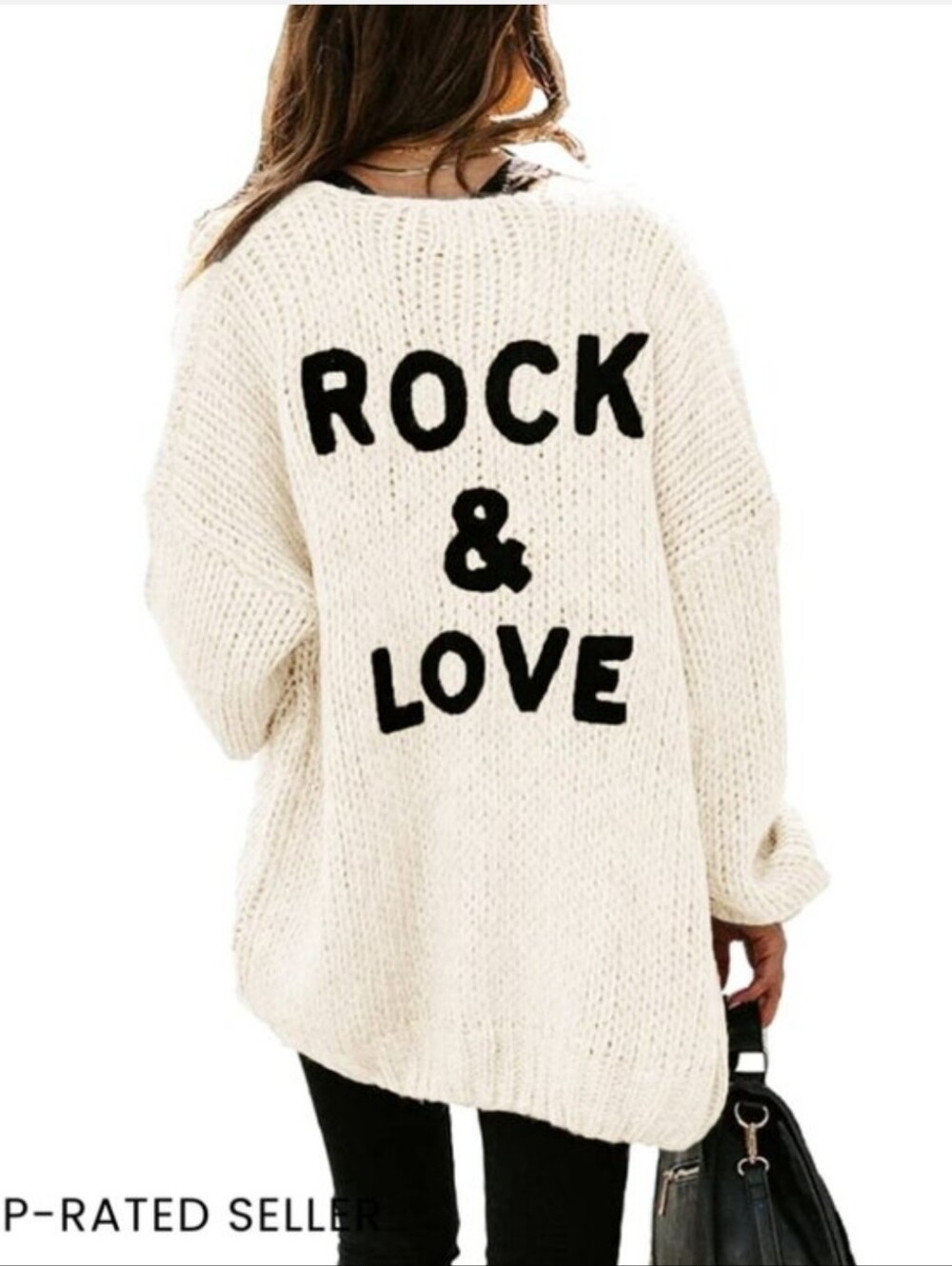 oversized cream knit cardigan by PRETTYGARDEN featuring bold "ROCK & LOVE"